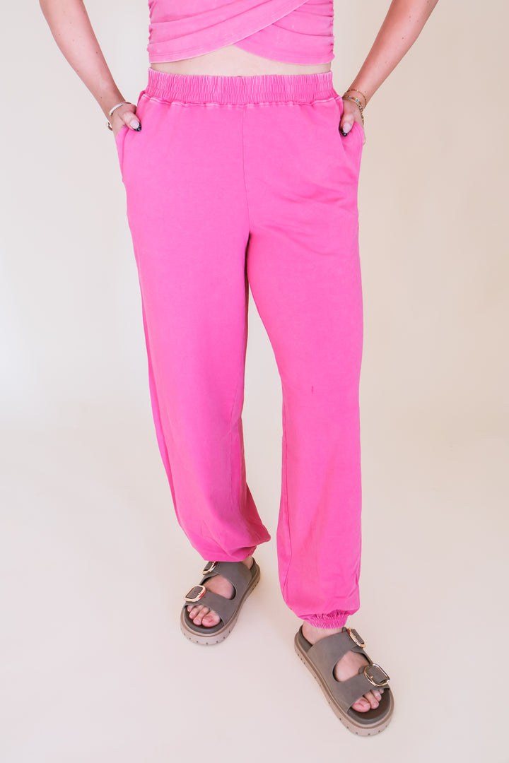 Rolled Sleeve Wrap-Front Crop Top & Jogger Set - Fuchsia