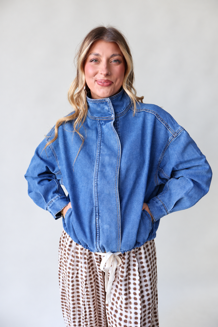 Boxy Oversized Funnel Neck Denim Jacket - Med Wash