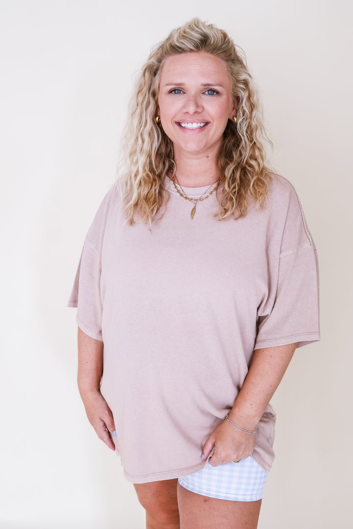 Oversized Mineral Wash T-Shirt - Taupe
