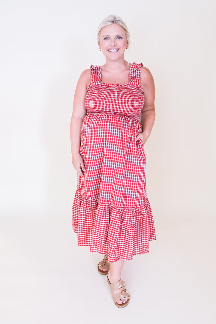 Gingham Tiered Midi Dress - Red