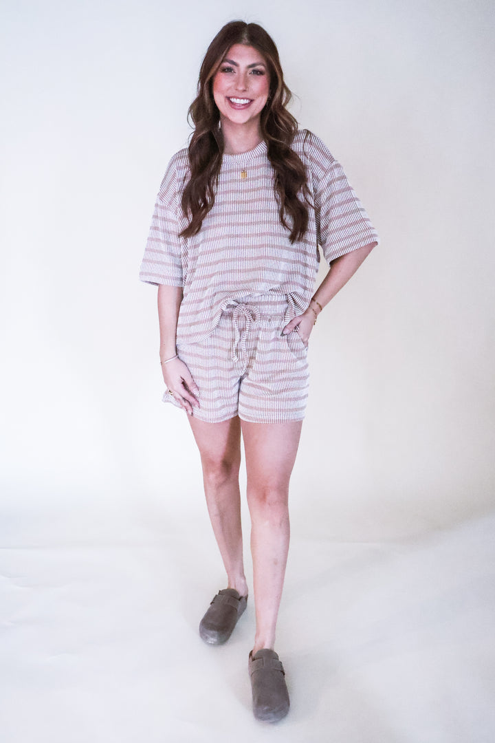 Raised Rib Striped Tee & Shorts Set - Ash Mocha