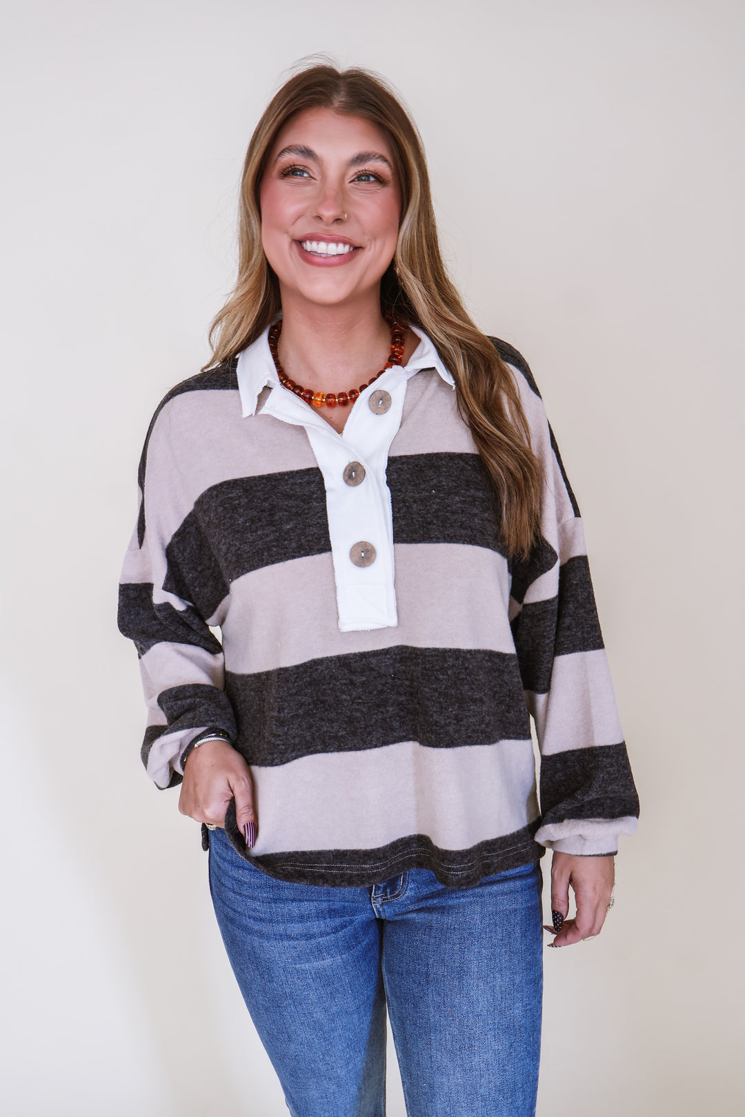 Brushed Striped Hacci Polo Sweater - Black