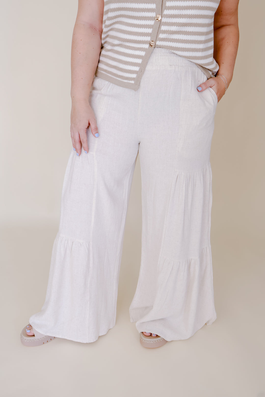 Linen Blend Flowy Tiered Pants - Natural