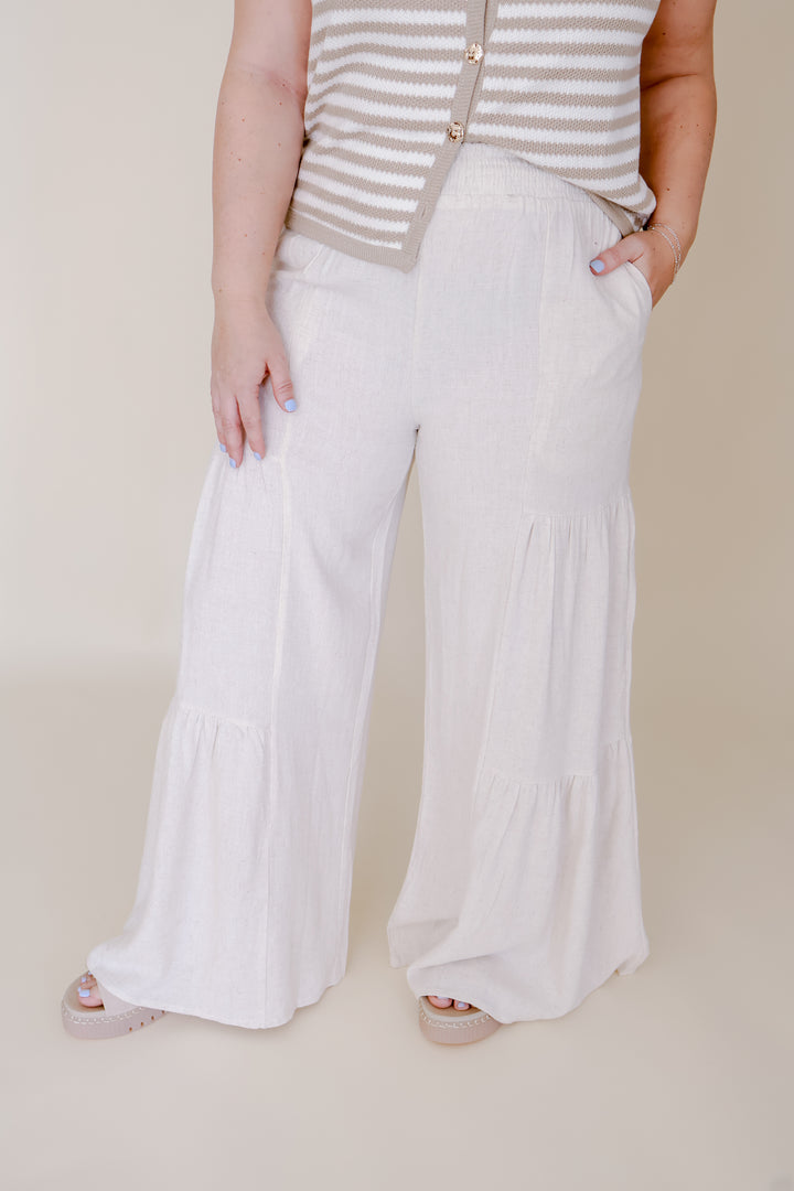 Linen Blend Flowy Tiered Pants - Natural