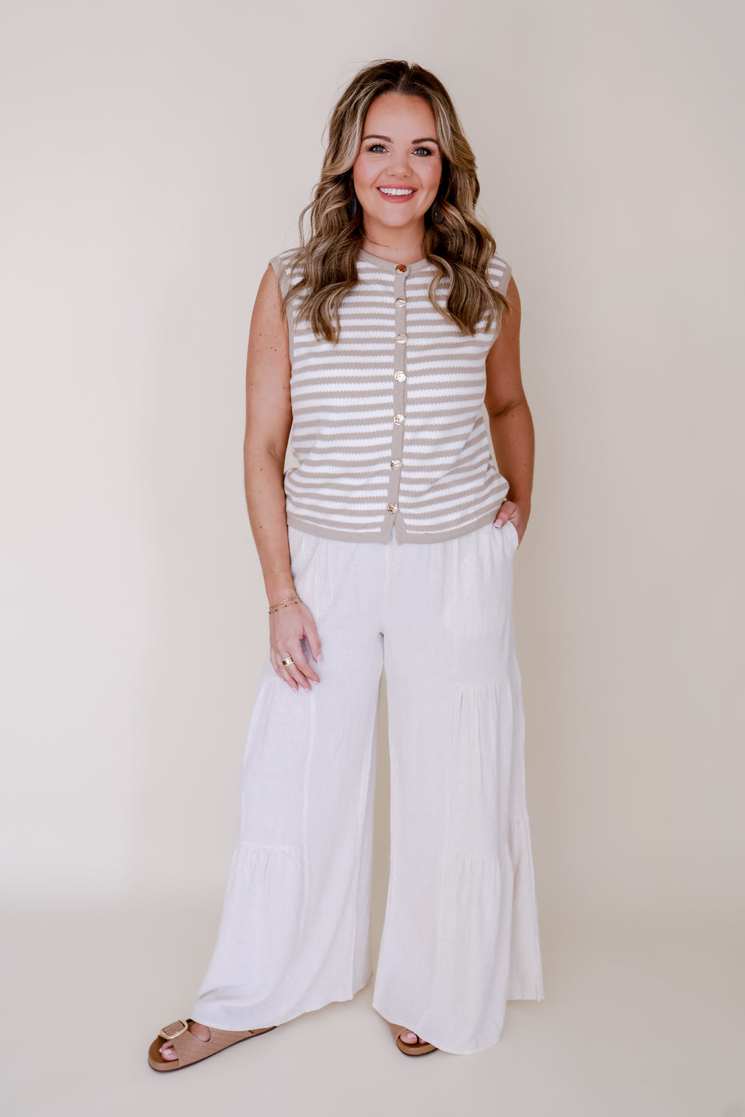 Linen Blend Flowy Tiered Pants - Natural