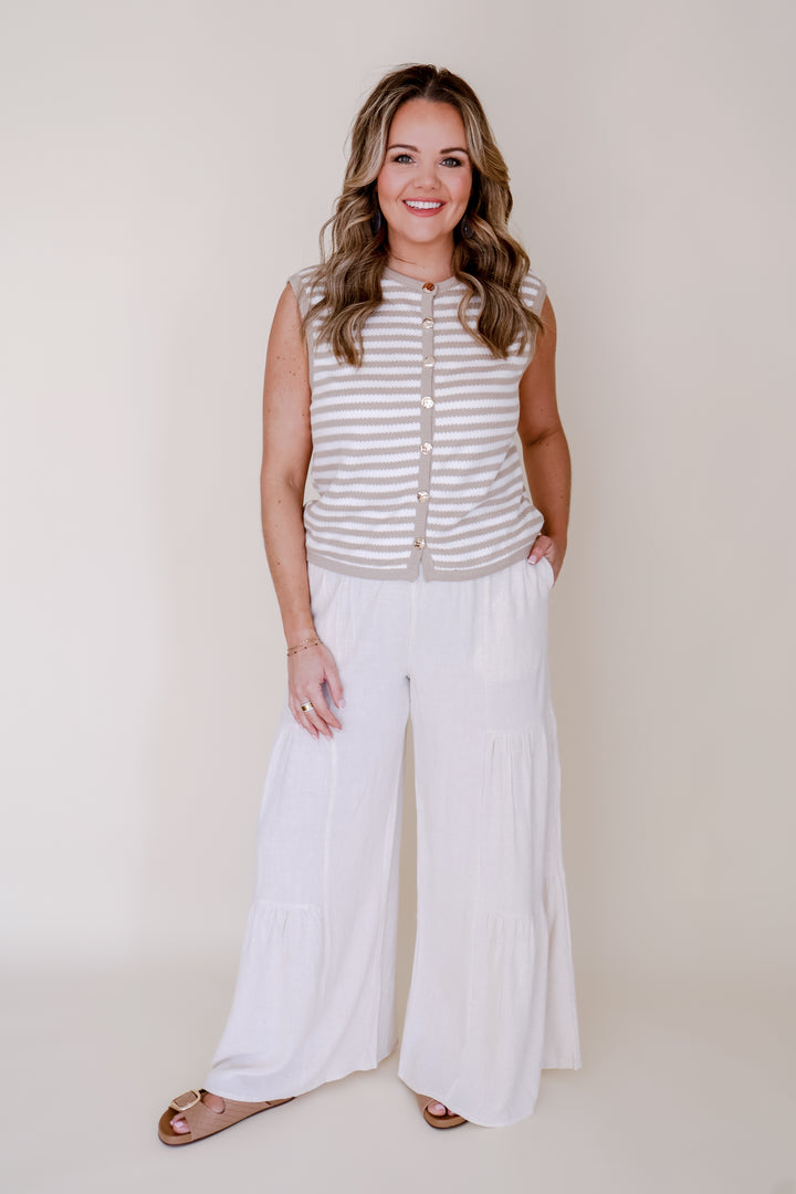 Linen Blend Flowy Tiered Pants - Natural