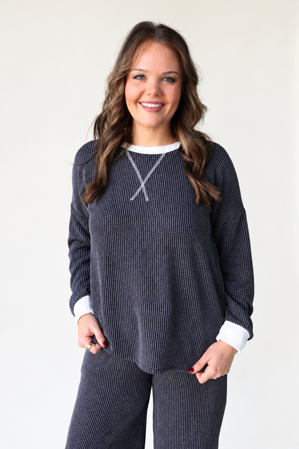 Raised Rib Round Neck Pullover & Pants Set - Charcoal