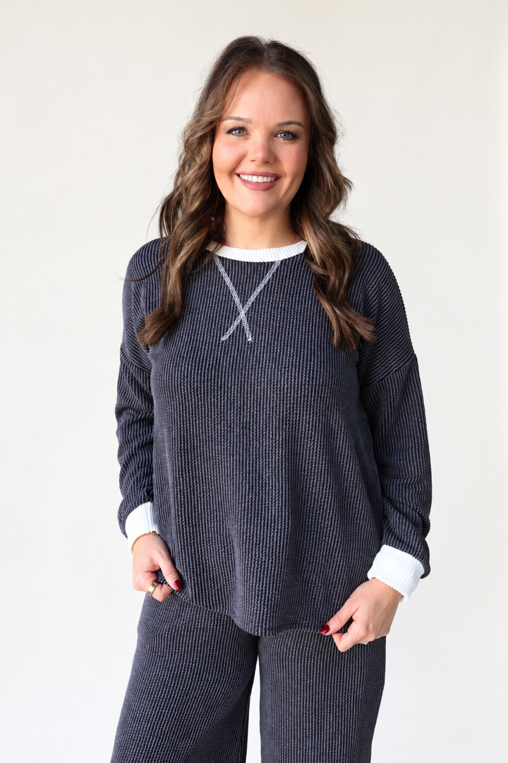 Raised Rib Round Neck Pullover & Pants Set - Charcoal
