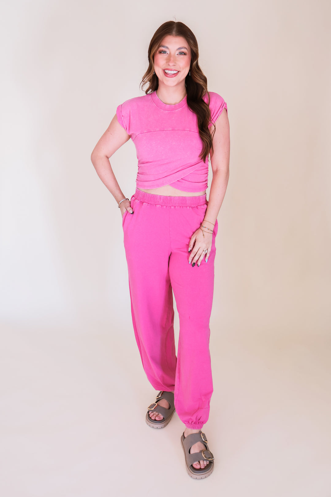 Rolled Sleeve Wrap-Front Crop Top & Jogger Set - Fuchsia