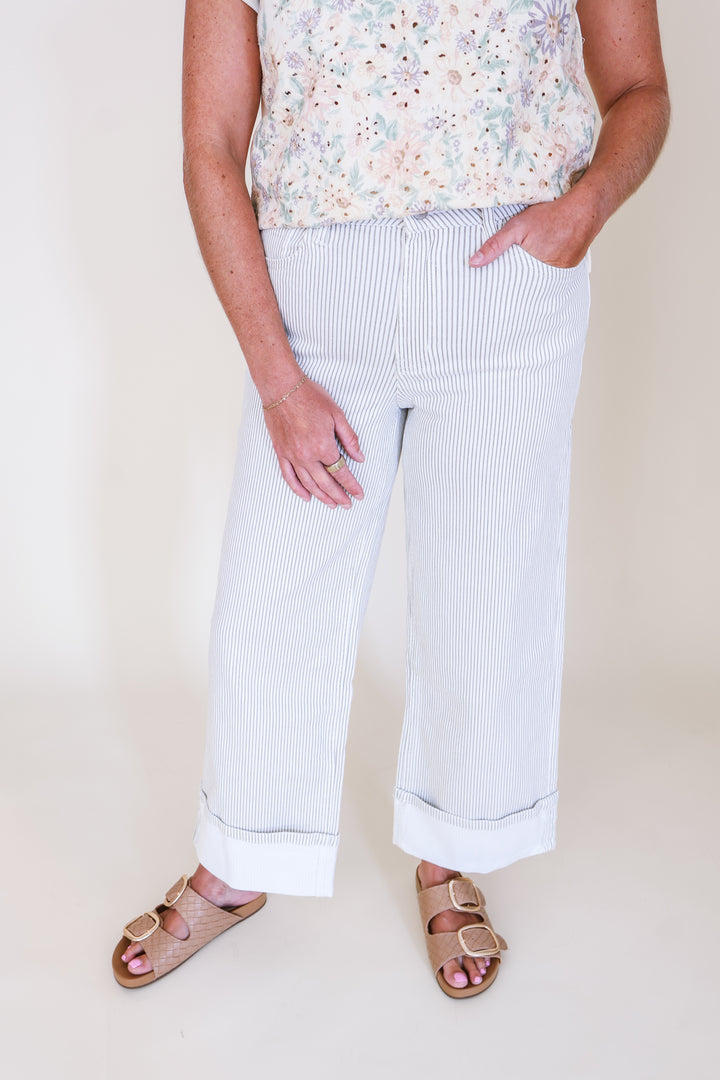 High Rise Striped Cuffed Crop Wide Leg Jeans