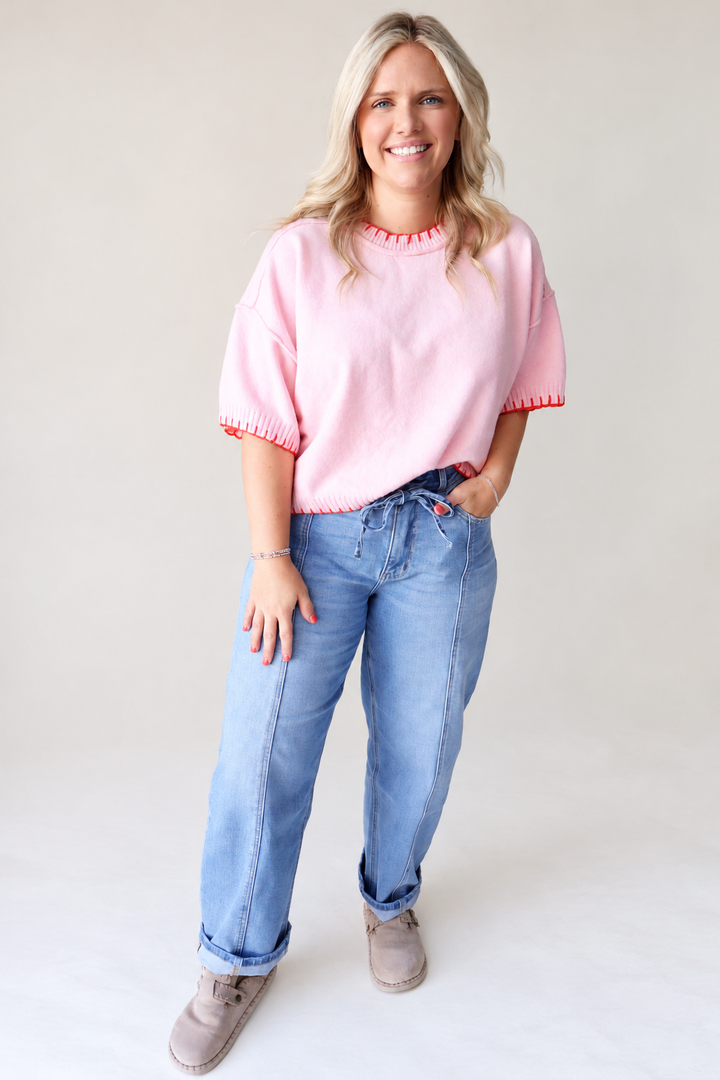Contrast Blanket Stitch Mock Neck Short Sleeve Sweater - Pink