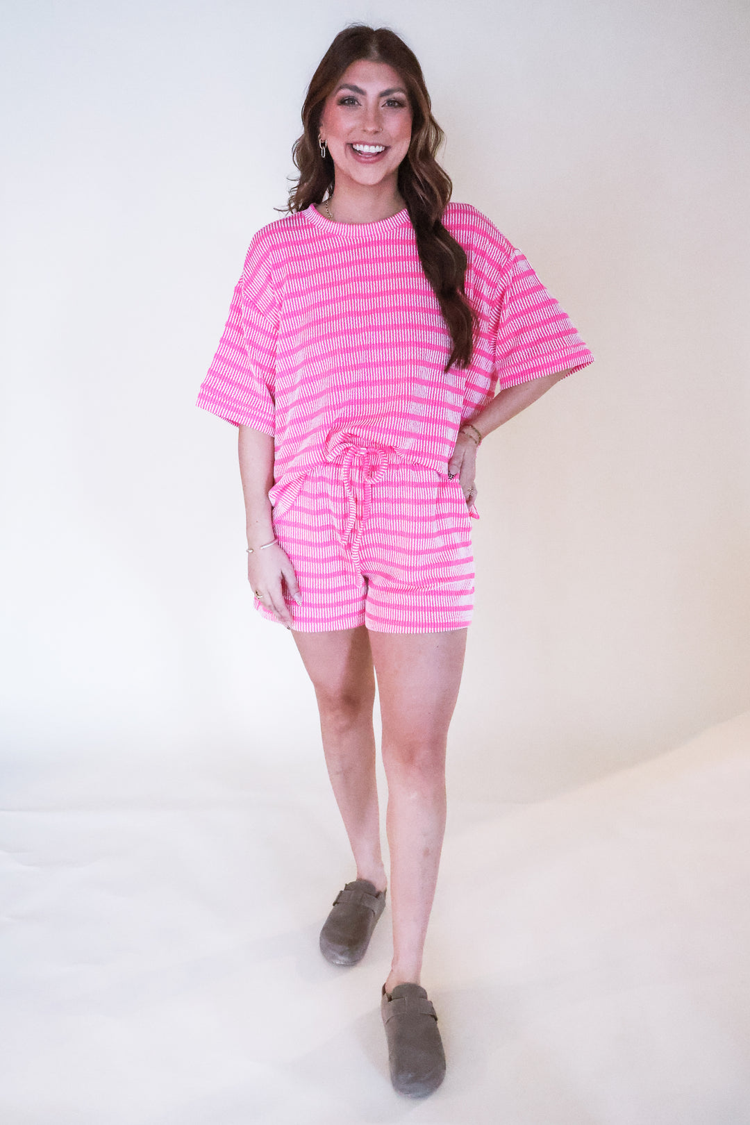 Raised Rib Striped Tee & Shorts Set - Hot Pink