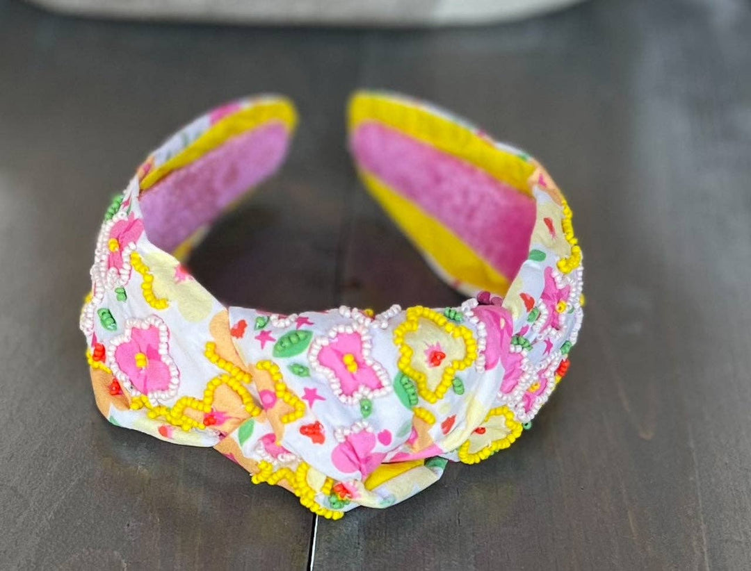 Yellow and Pink Poppies Seed Beaded Top Knot Headband