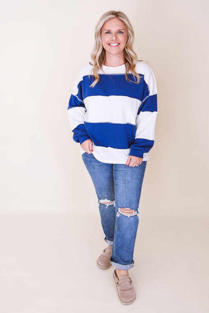 French Terry Color Block Exposed Seam Top - Lt Navy