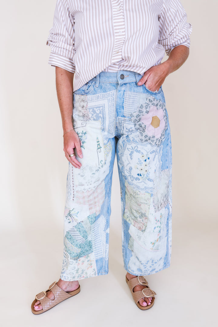 Printed Patchwork Denim Pants