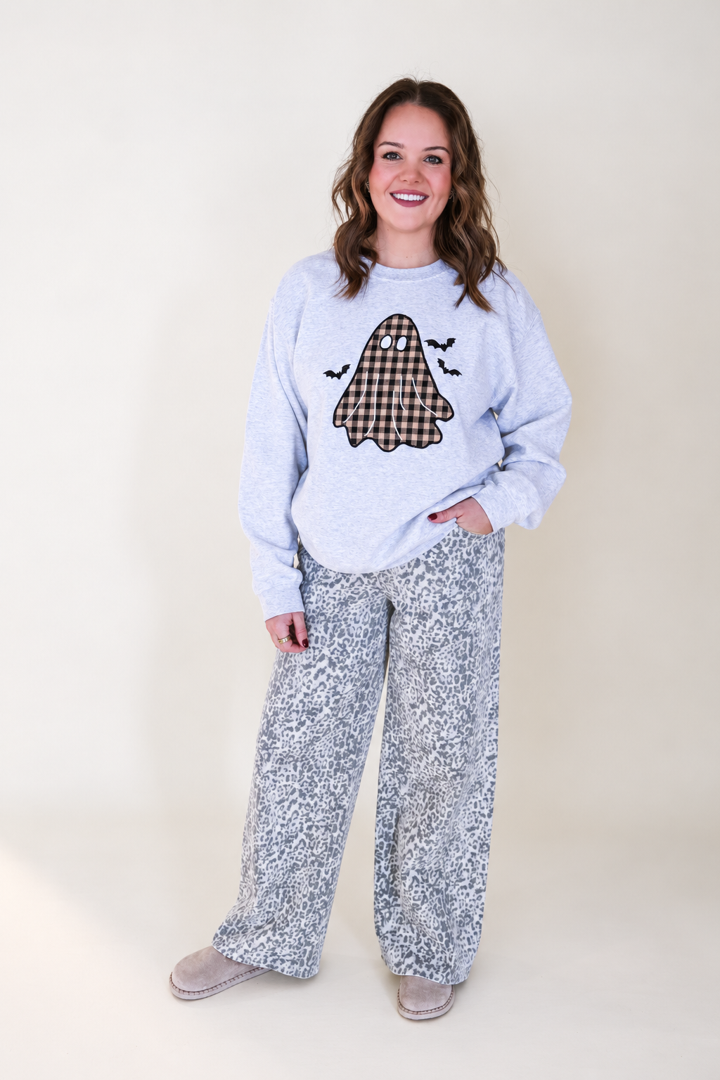 Vintage Plaid Ghost Appliqué Sweatshirt — Ash Grey