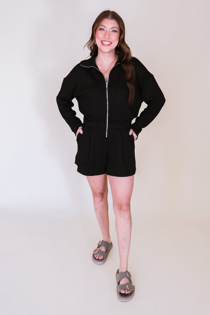 Half Zip-Up Long Sleeve Romper - Black