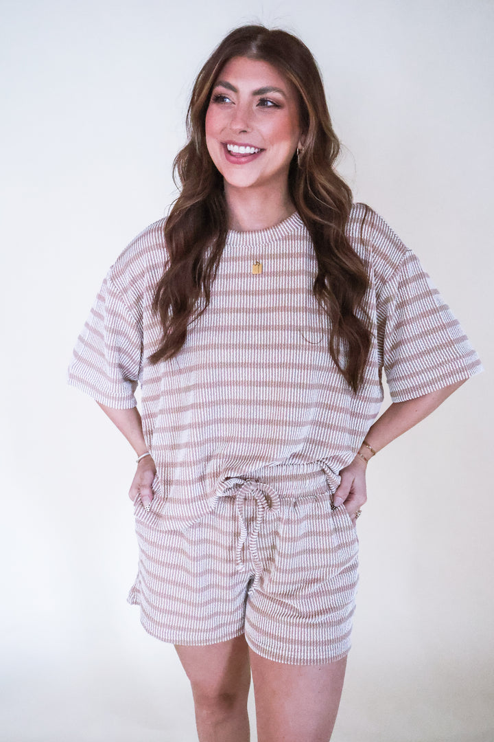Raised Rib Striped Tee & Shorts Set - Ash Mocha