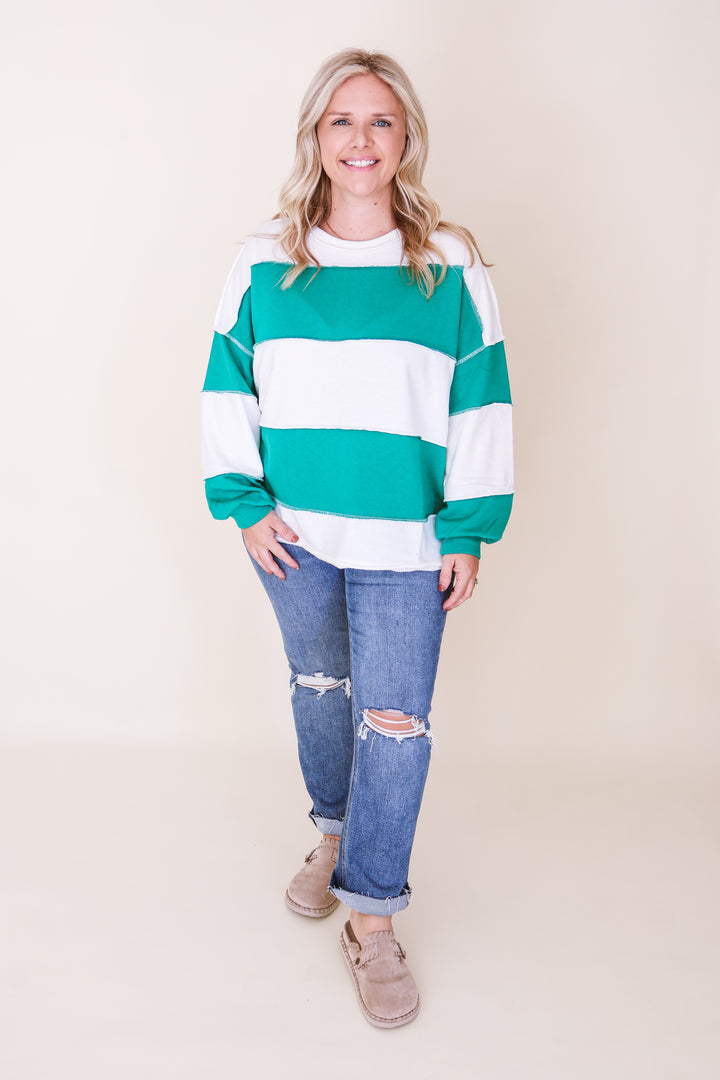 French Terry Color Block Exposed Seam Top - Green