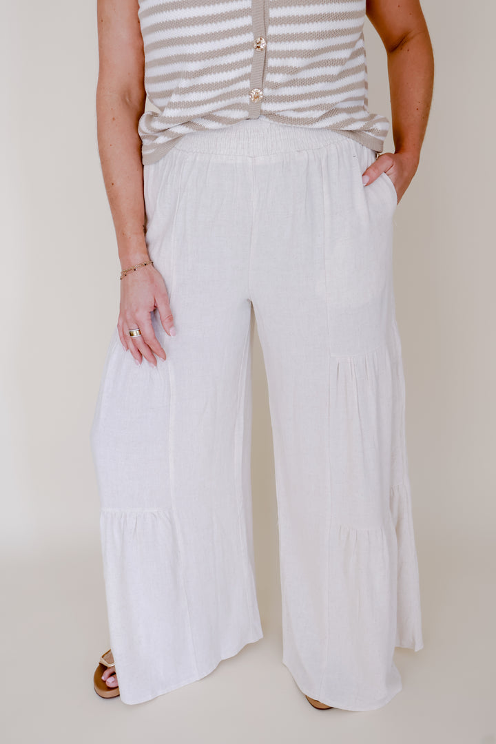 Linen Blend Flowy Tiered Pants - Natural