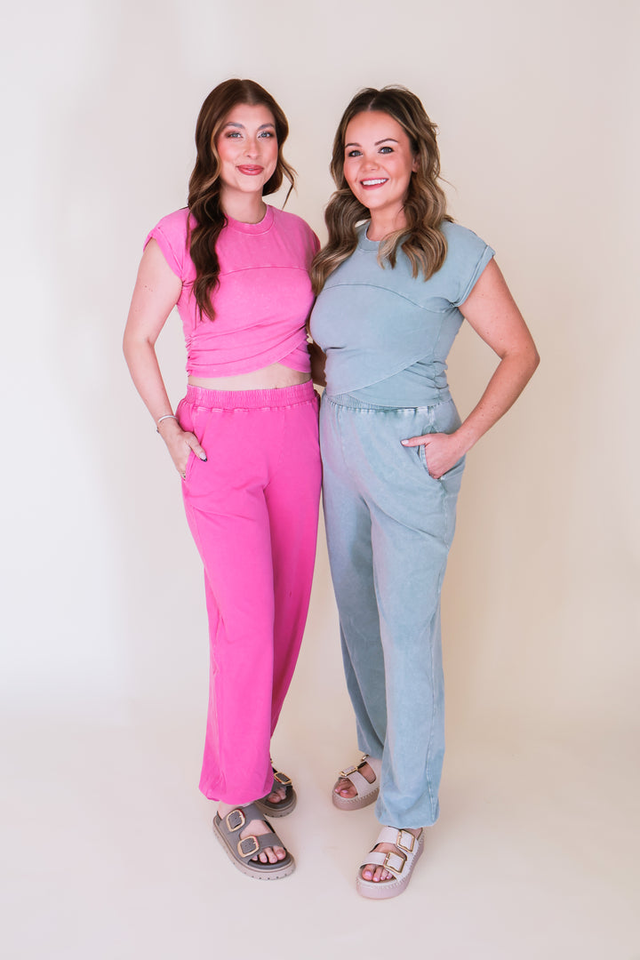 Rolled Sleeve Wrap-Front Crop Top & Jogger Set - Fuchsia