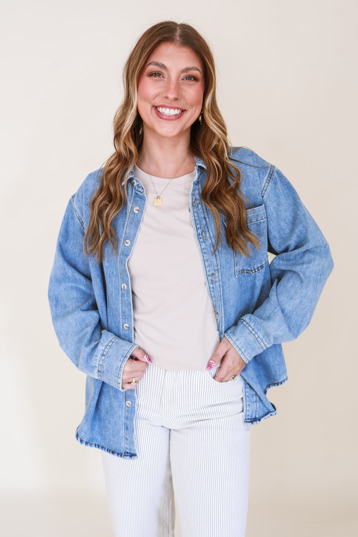 Denim Button Down Oversized Shirt – Light Wash