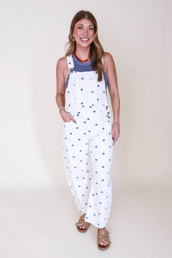 Polka Dot Wide Leg Overalls - Navy