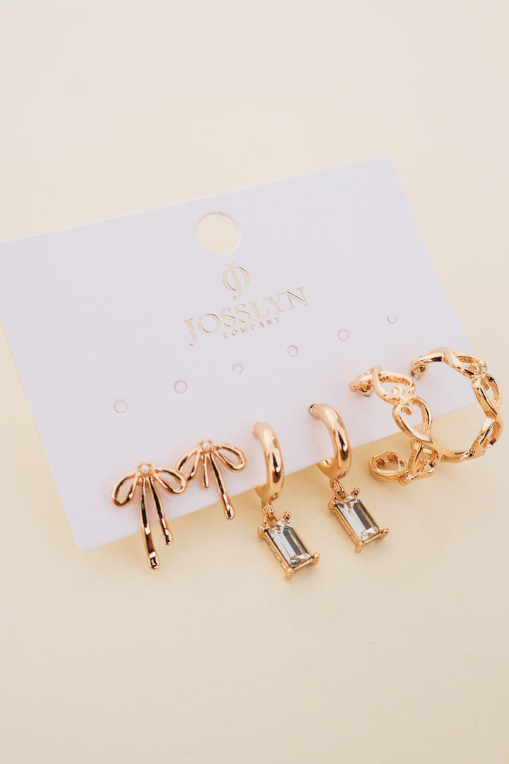 Baguette Stone Hoop Bow Trio Earring Set