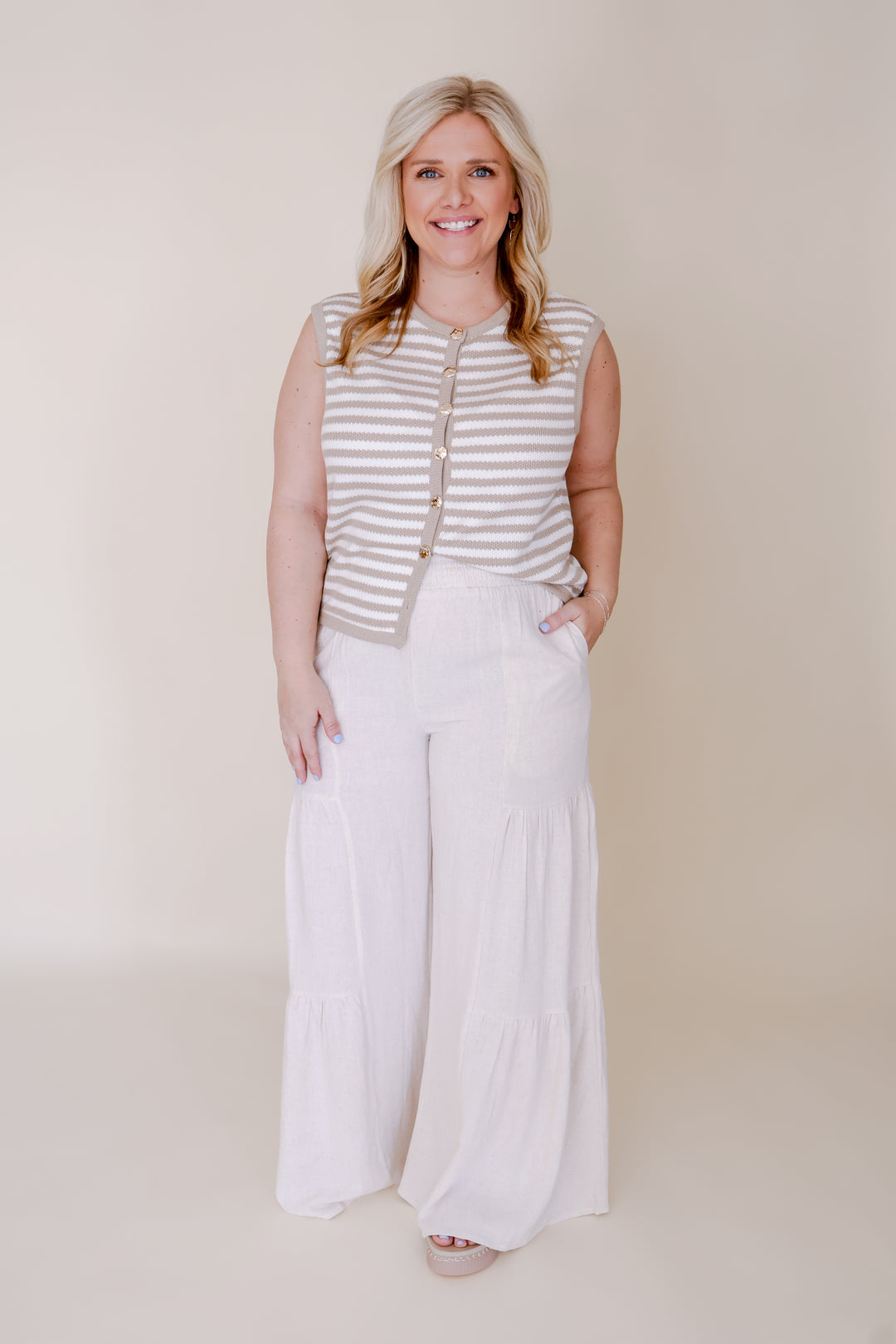 Linen Blend Flowy Tiered Pants - Natural