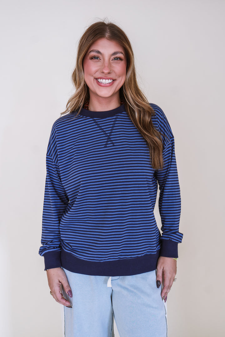 Striped Rib Banded Pullover - Navy