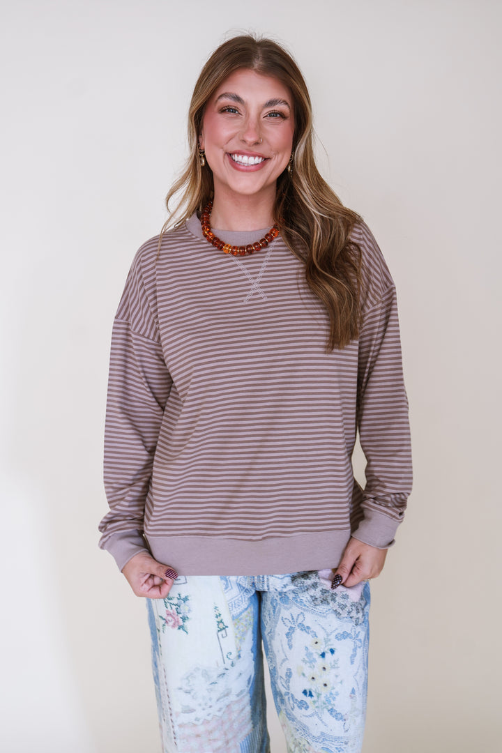 Striped Rib Banded Pullover - Mocha
