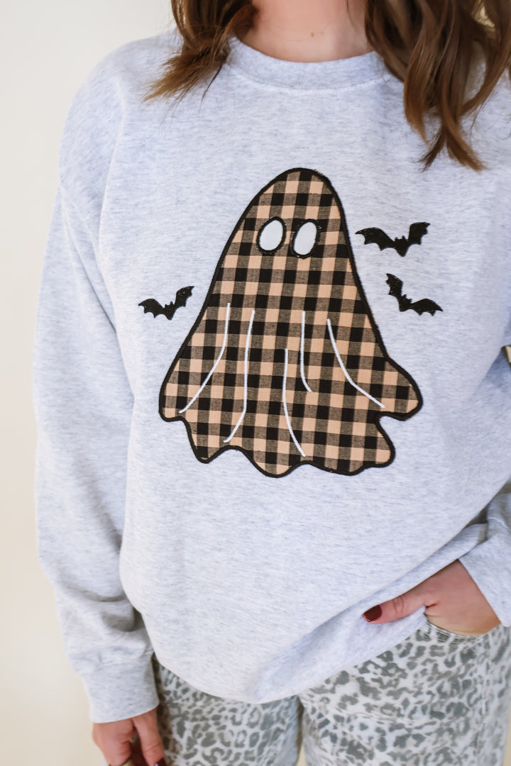 Vintage Plaid Ghost Appliqué Sweatshirt — Ash Grey