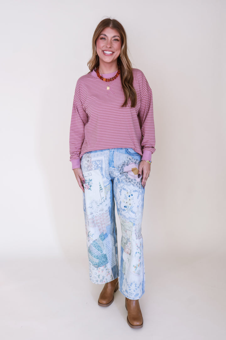 Striped Rib Banded Pullover - Rose