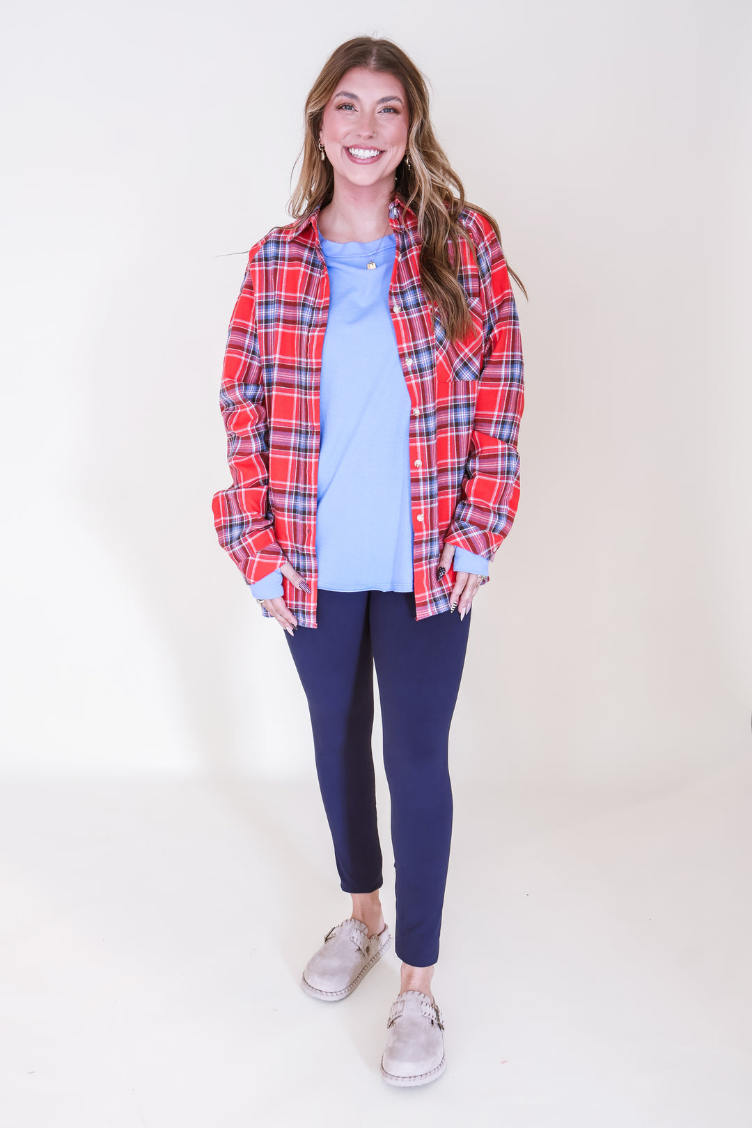 Oversized Plaid Button Down Shirt - Red