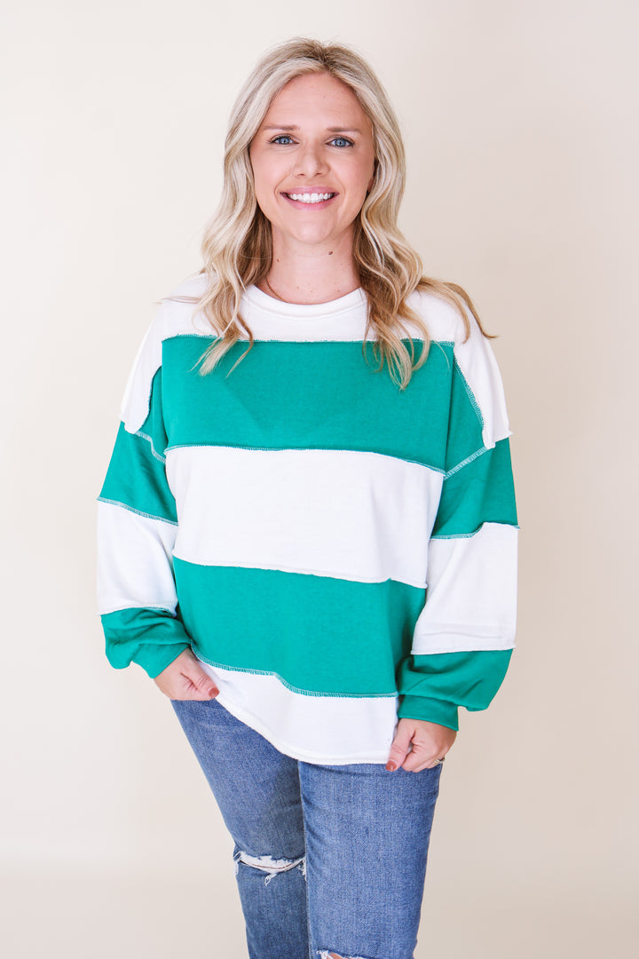 French Terry Color Block Exposed Seam Top - Green
