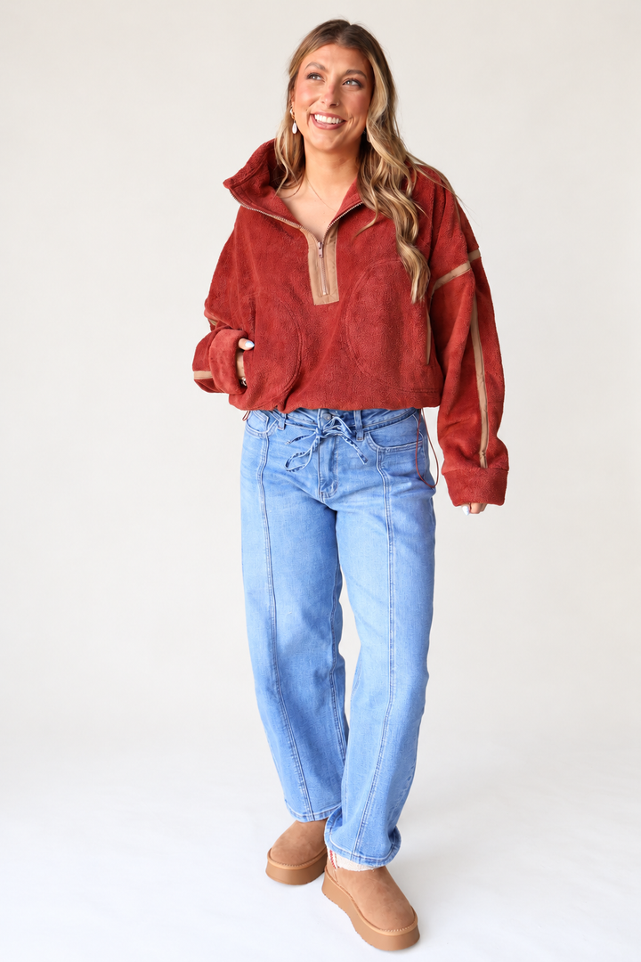 Contrast Trim Half-Zip Fleece Pullover - Brick