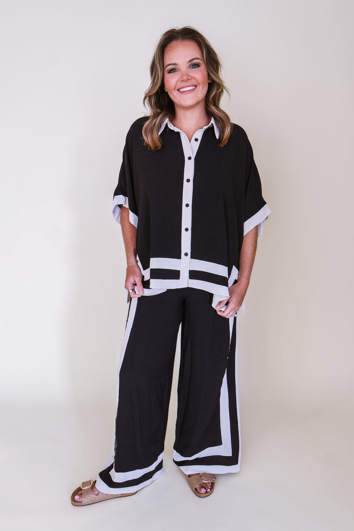 Contrast Trim Button Down Pants Set - Black