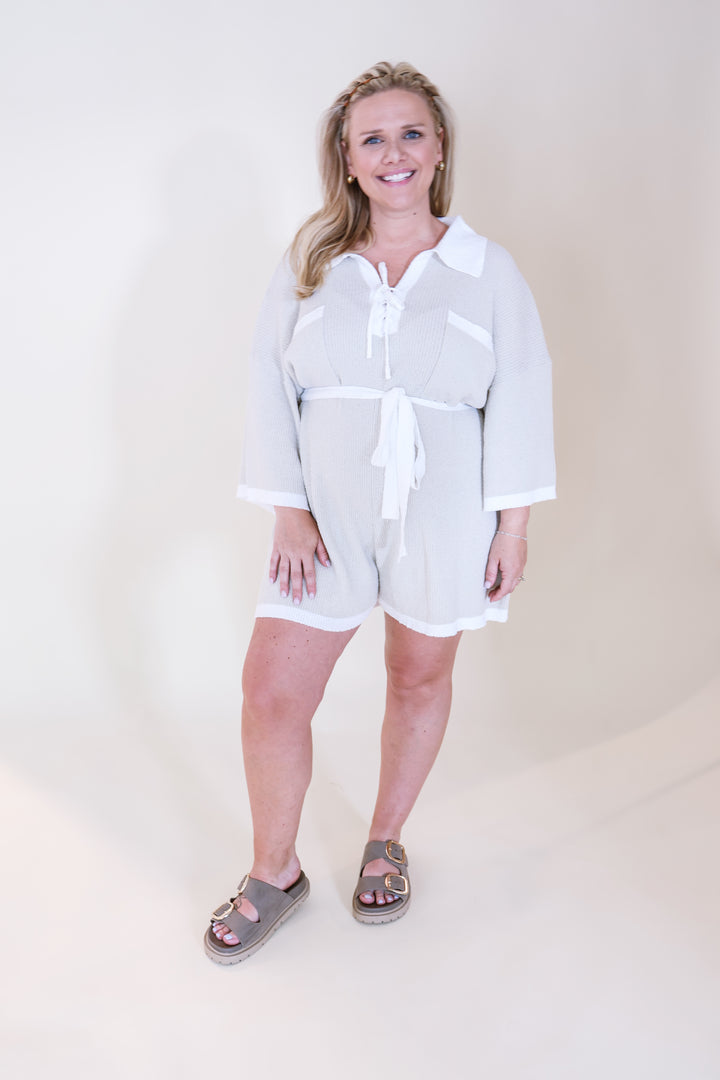 Knit V-neck Romper - Beige