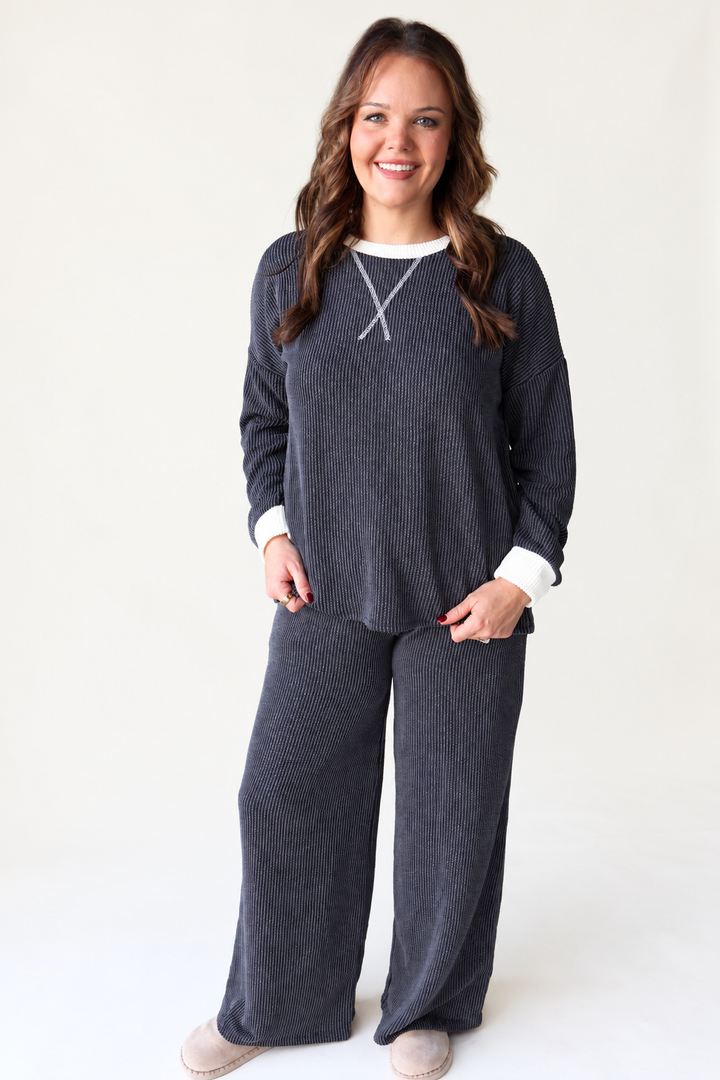 Raised Rib Round Neck Pullover & Pants Set - Charcoal