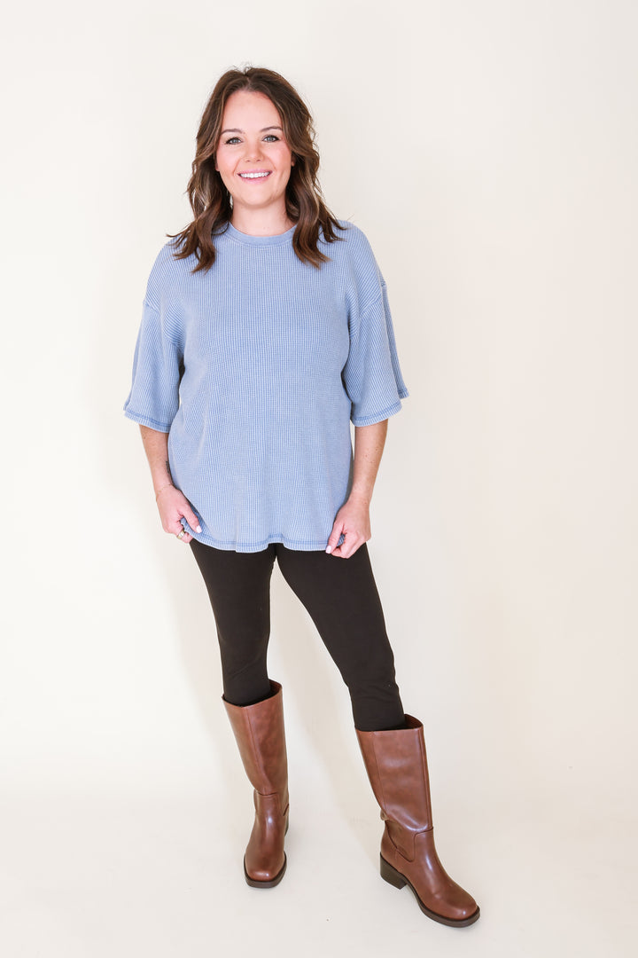 Mineral Wash Waffle Top - Dusty Blue