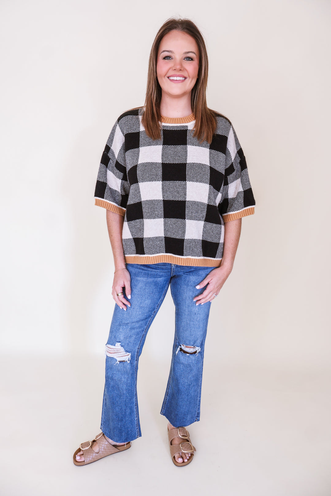 Checkered Drop Shoulder Sweater Top - Oatmeal/Black