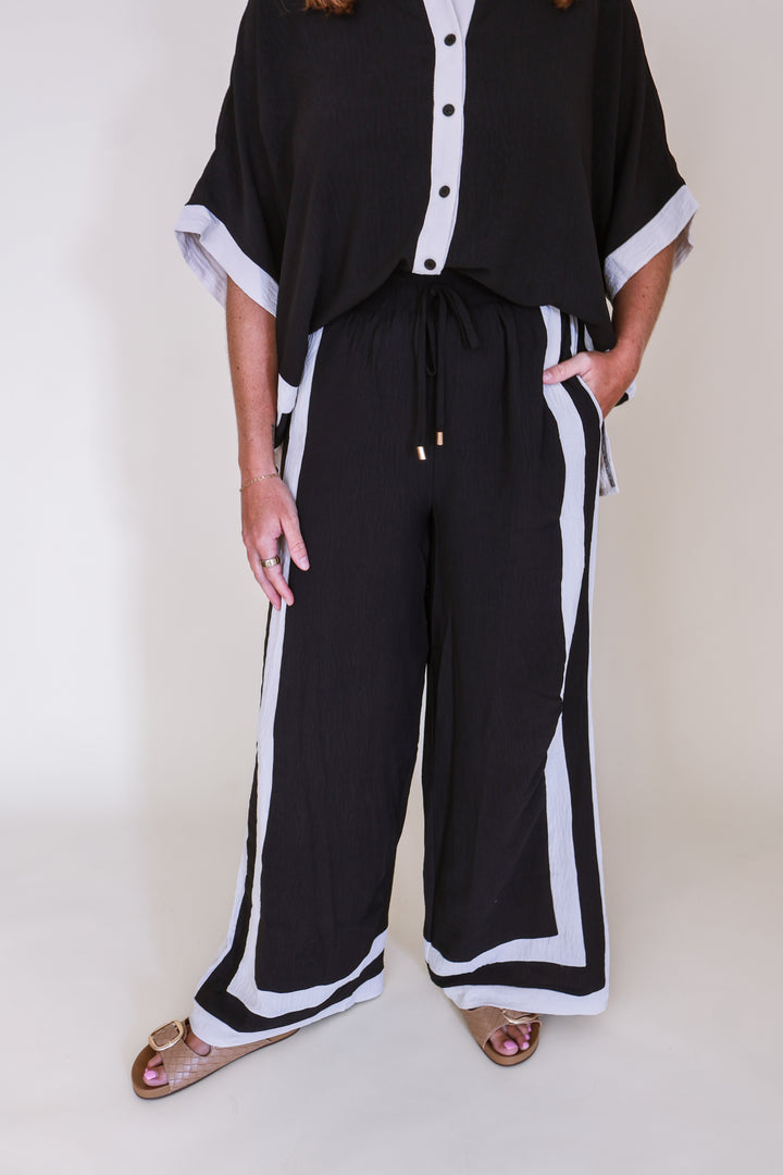 Contrast Trim Button Down Pants Set - Black