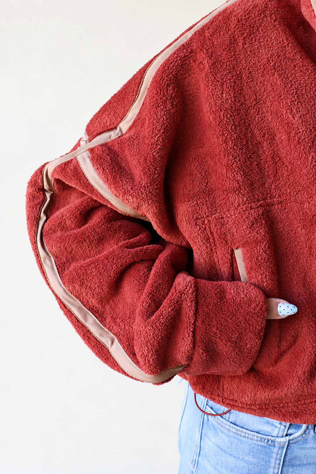 Contrast Trim Half-Zip Fleece Pullover - Brick
