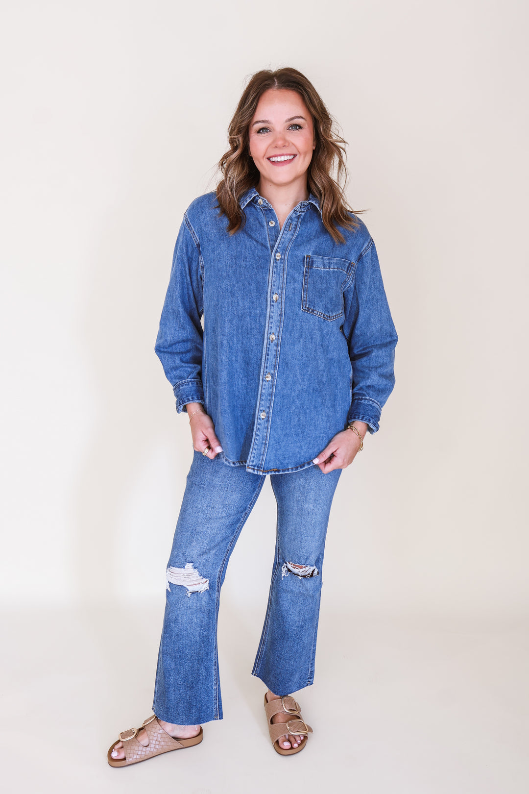 Denim Button Down Oversized Shirt – Medium Wash