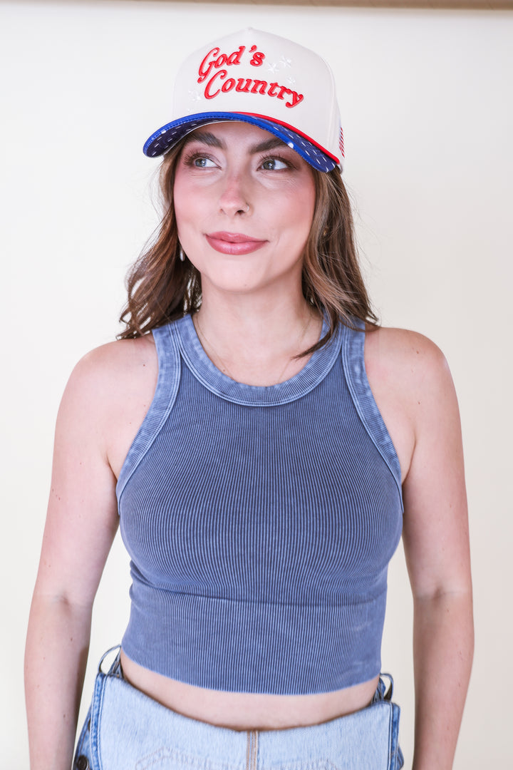 Vintage Ribbed High Neck Crop Top - Blueberry
