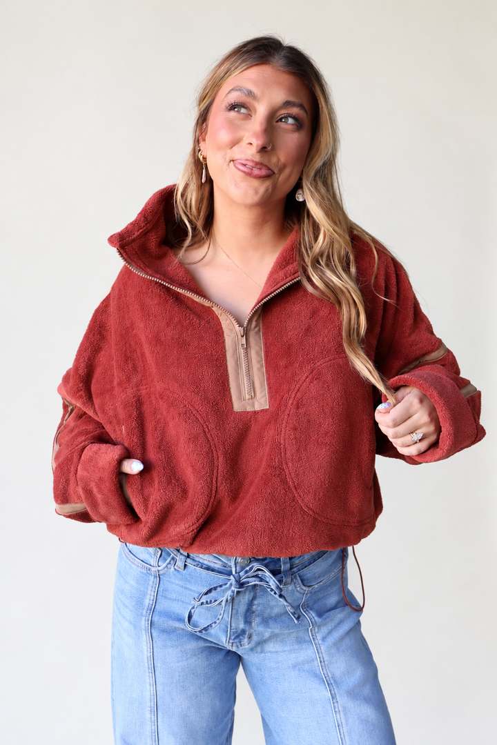 Contrast Trim Half-Zip Fleece Pullover - Brick