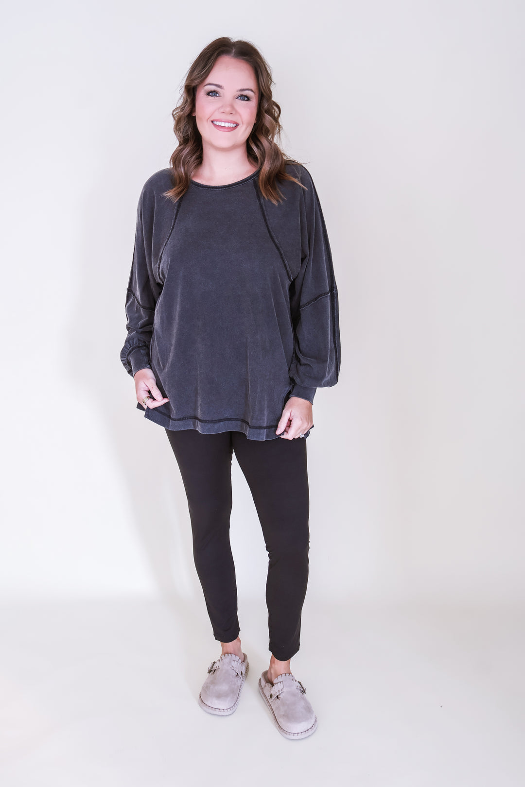Raglan Sleeve Snow Wash Top - Black