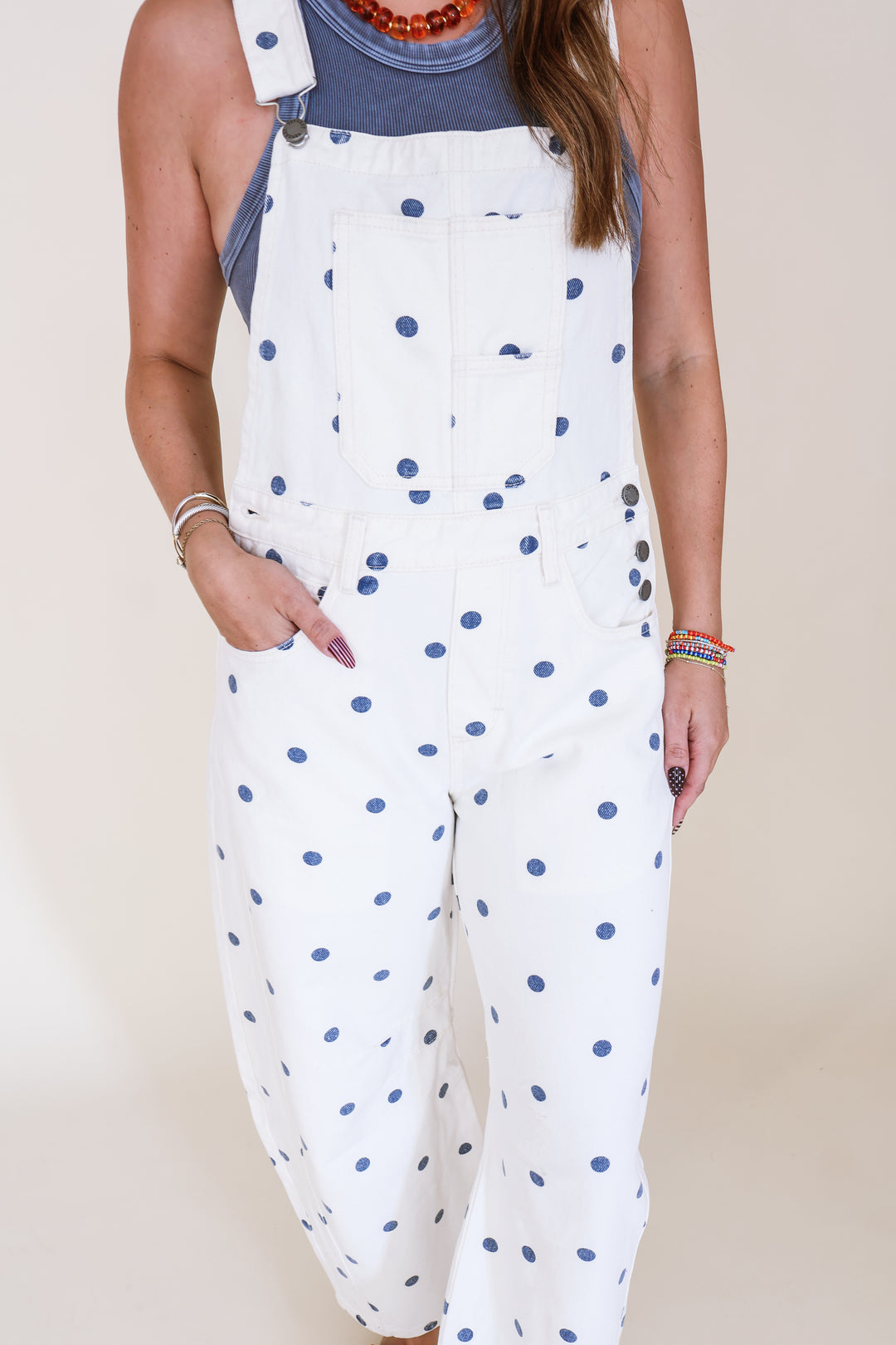 Polka Dot Wide Leg Overalls - Navy