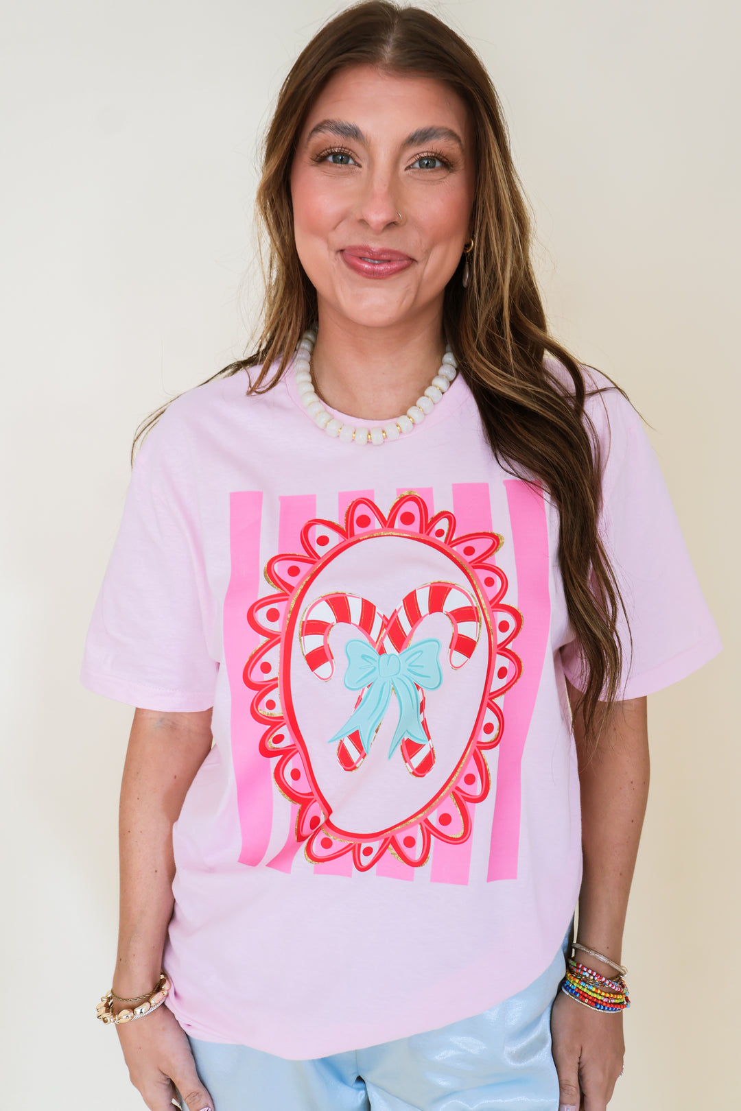 Preppy Candy Bow Tee – Light Pink