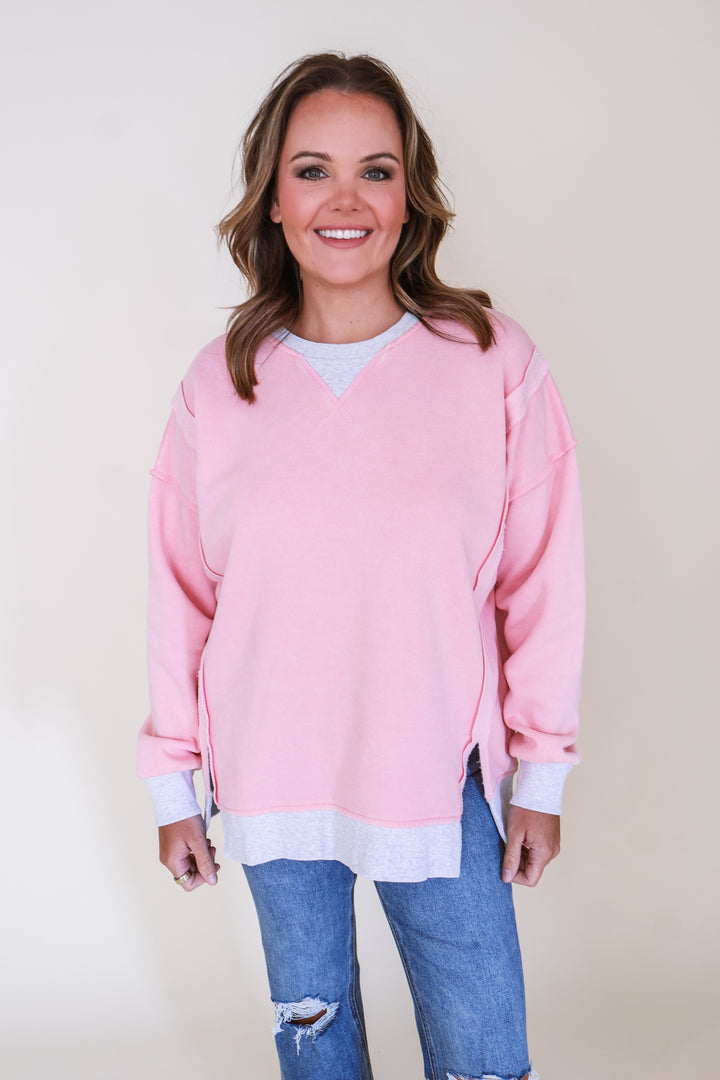 Fleece Acid Washed Contrast Trim Pullover - Pink